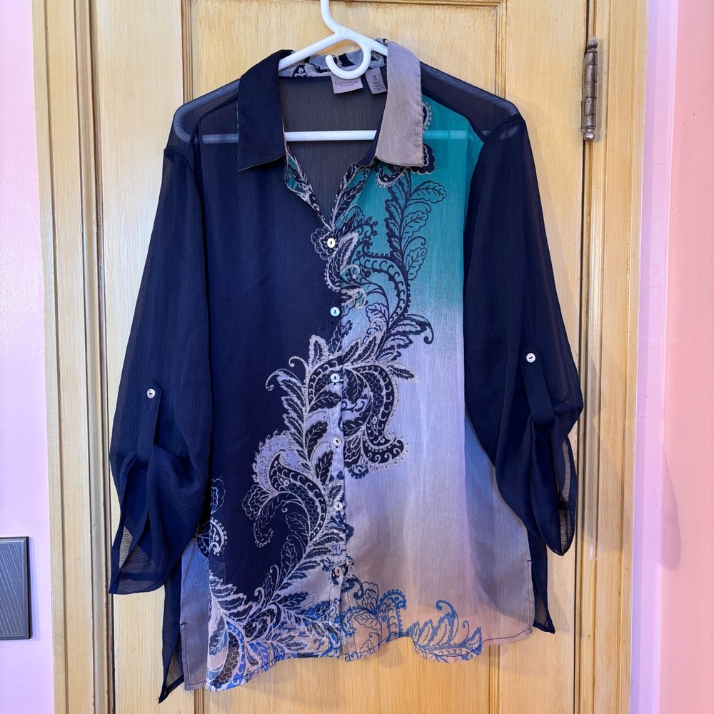 Chico's Sheer Navy Teal and Tan Blouse Feather Paisley Tab sleeves Size XL